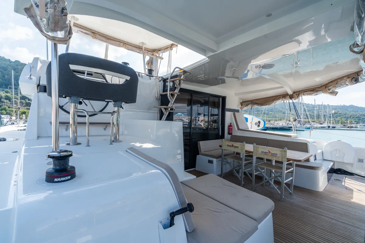 Deck of Ferd - Premium line, a Lagoon 42 catamaran at Capo d'Orlando, Italy