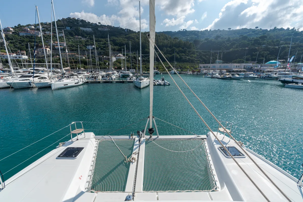 Deck of Ferd - Premium line, a Lagoon 42 catamaran at Capo d'Orlando, Italy
