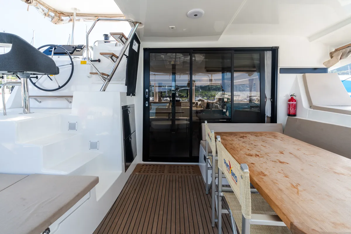 Deck of Ferd - Premium line, a Lagoon 42 catamaran at Capo d'Orlando, Italy
