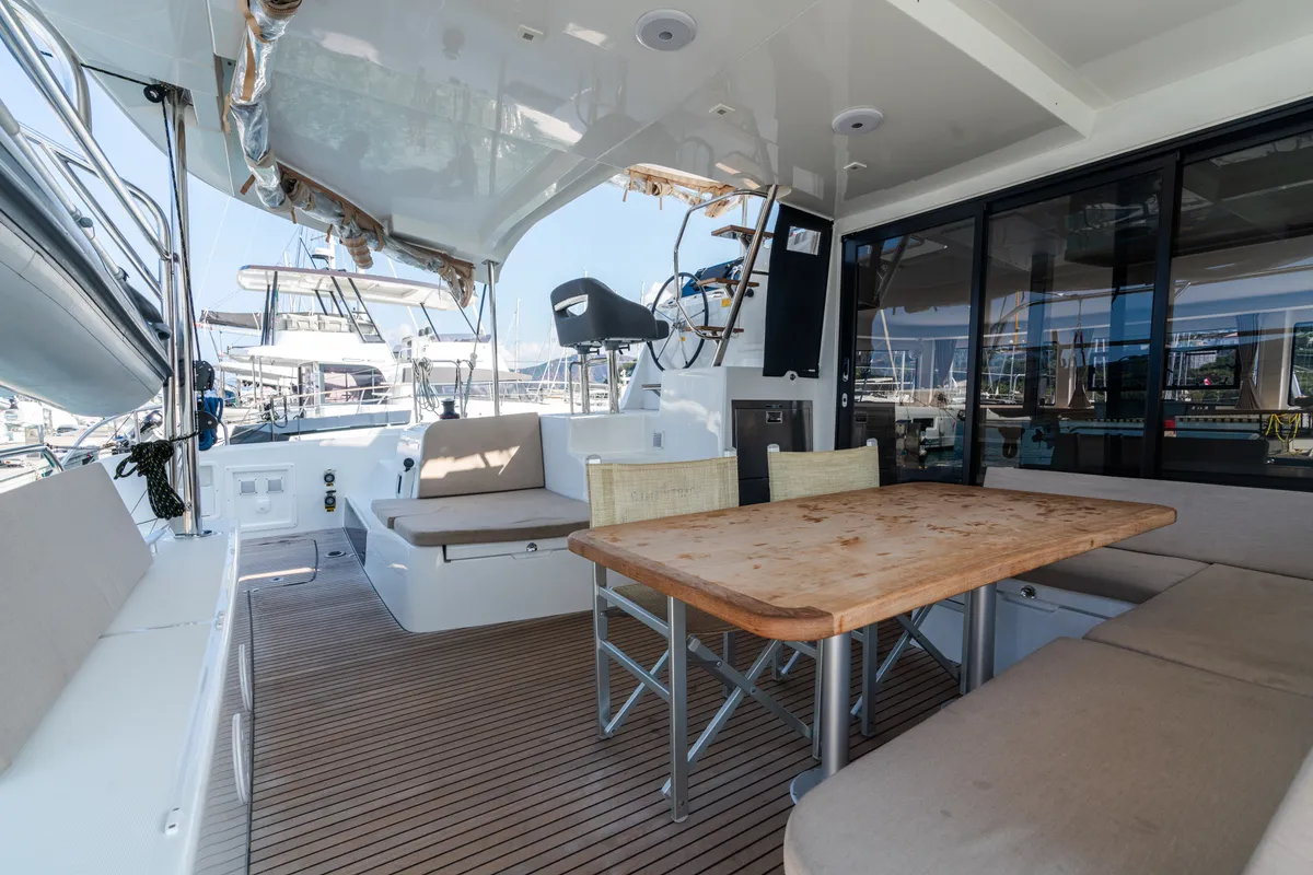 Deck of Ferd - Premium line, a Lagoon 42 catamaran at Capo d'Orlando, Italy
