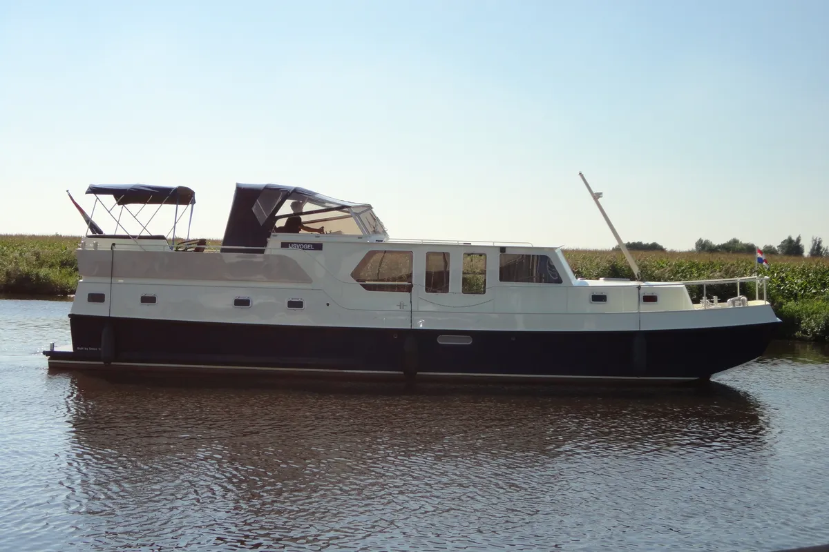 Exterior view of IJsvogel, a Delos 1430 motorboat at IJsselstein, Netherlands
