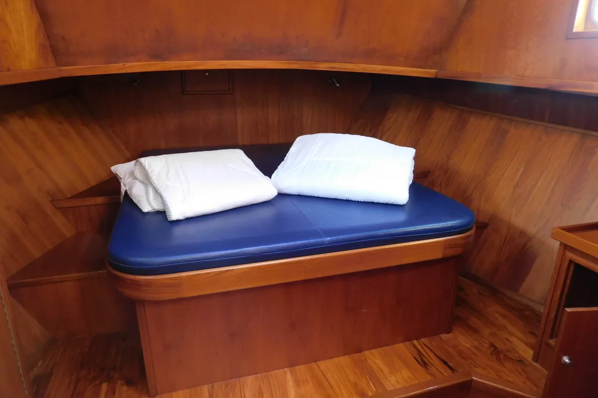 Cabin on IJsvogel, a Delos 1430 motorboat at IJsselstein, Netherlands