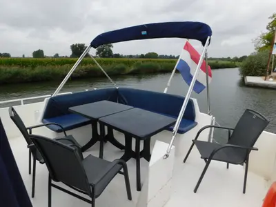 Deck of IJsvogel, a Delos 1430 motorboat at IJsselstein, Netherlands