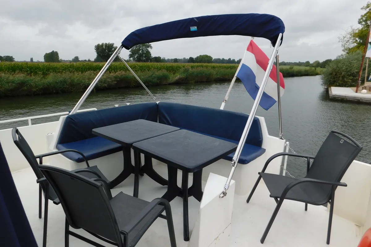 Deck of IJsvogel, a Delos 1430 motorboat at IJsselstein, Netherlands