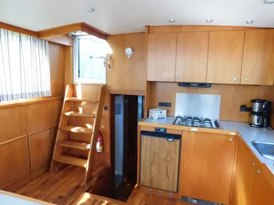 Galley of IJsvogel, a Delos 1430 motorboat at IJsselstein, Netherlands