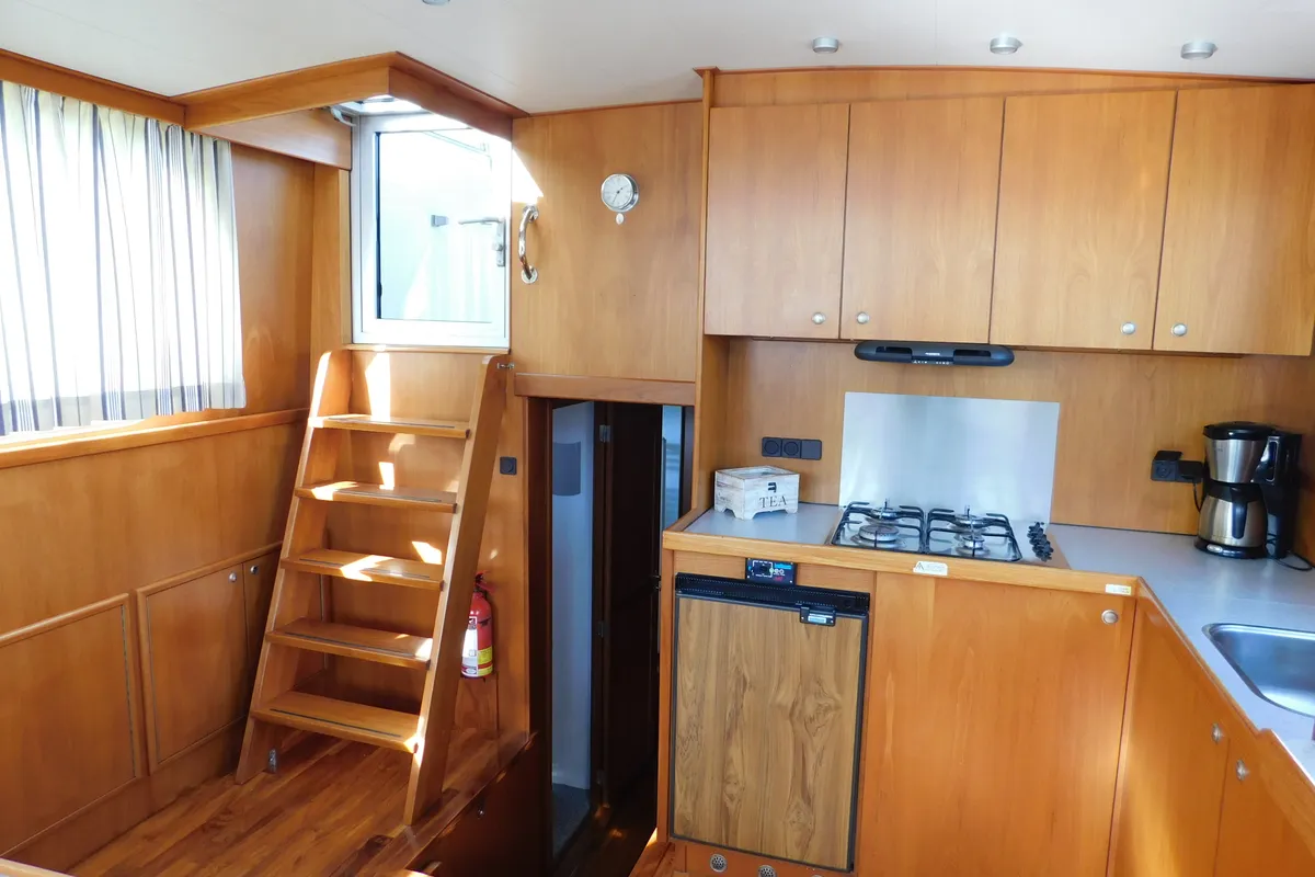 Galley of IJsvogel, a Delos 1430 motorboat at IJsselstein, Netherlands