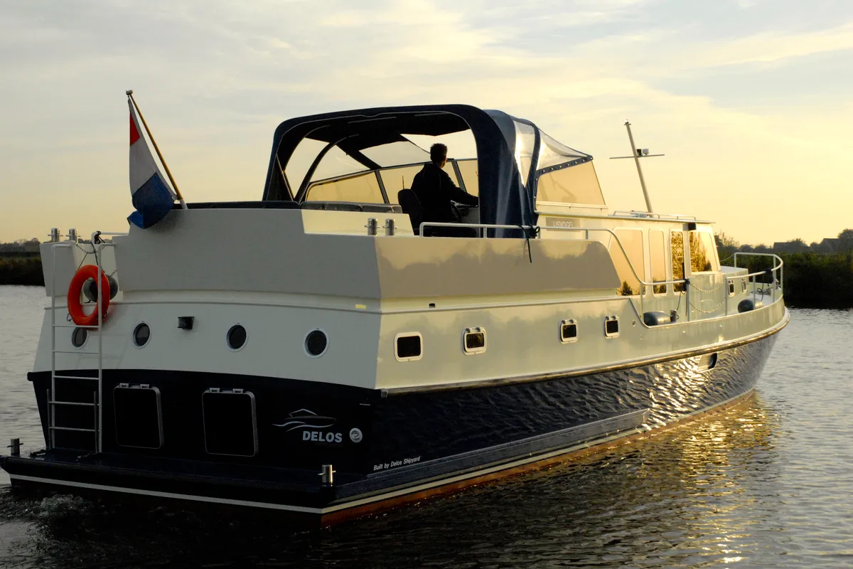 Exterior view of IJsvogel, a Delos 1430 motorboat at IJsselstein, Netherlands