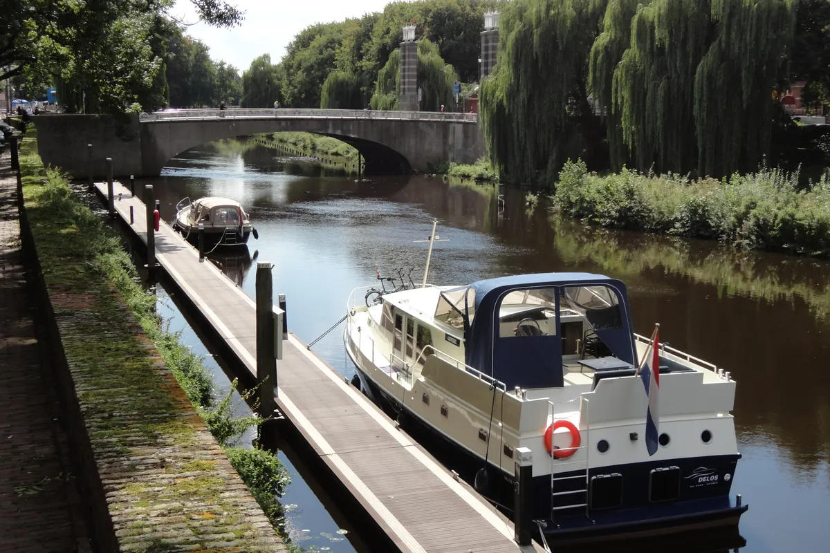 Exterior view of IJsvogel, a Delos 1430 motorboat at IJsselstein, Netherlands
