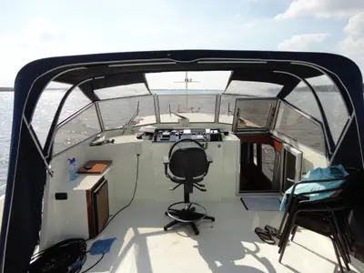 Cockpit of IJsvogel, a Delos 1430 motorboat at IJsselstein, Netherlands