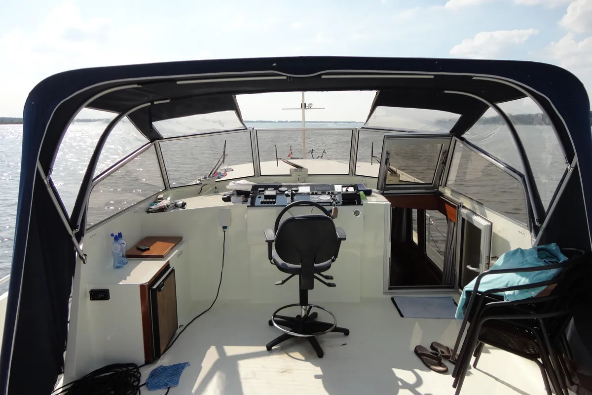 Cockpit of IJsvogel, a Delos 1430 motorboat at IJsselstein, Netherlands
