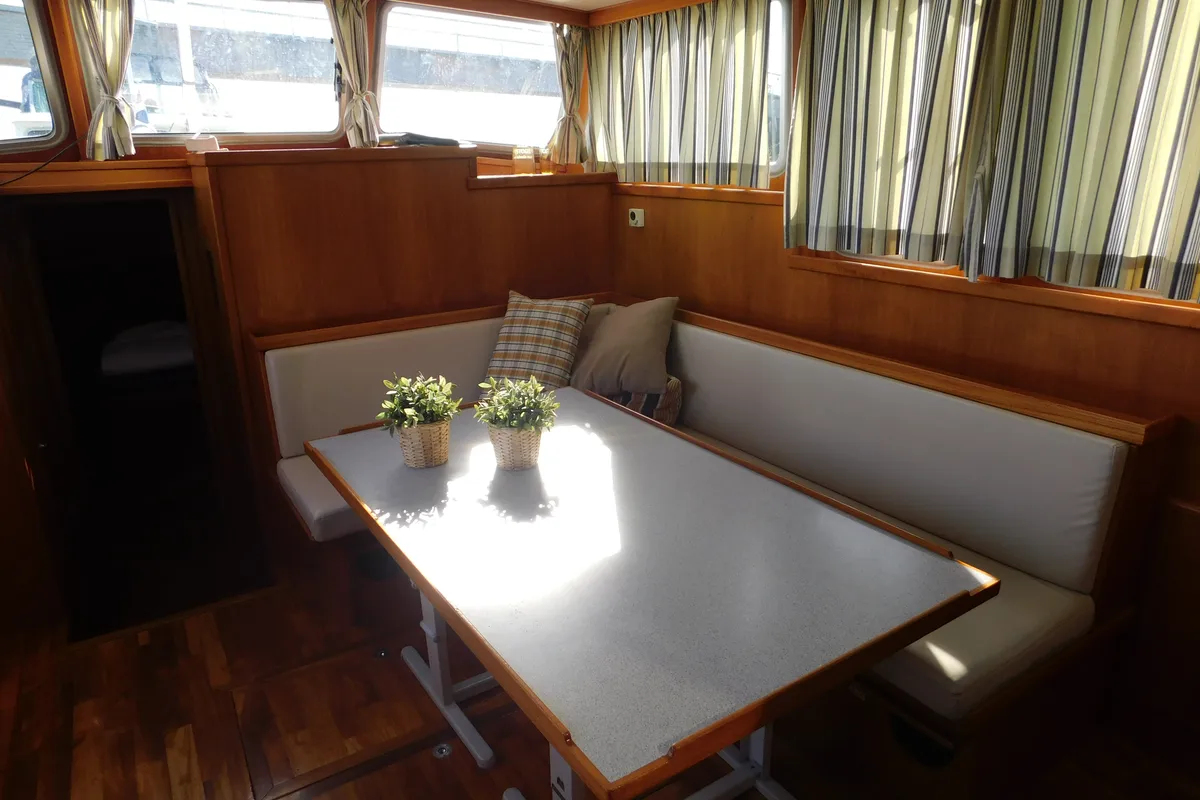 Salon of IJsvogel, a Delos 1430 motorboat at IJsselstein, Netherlands
