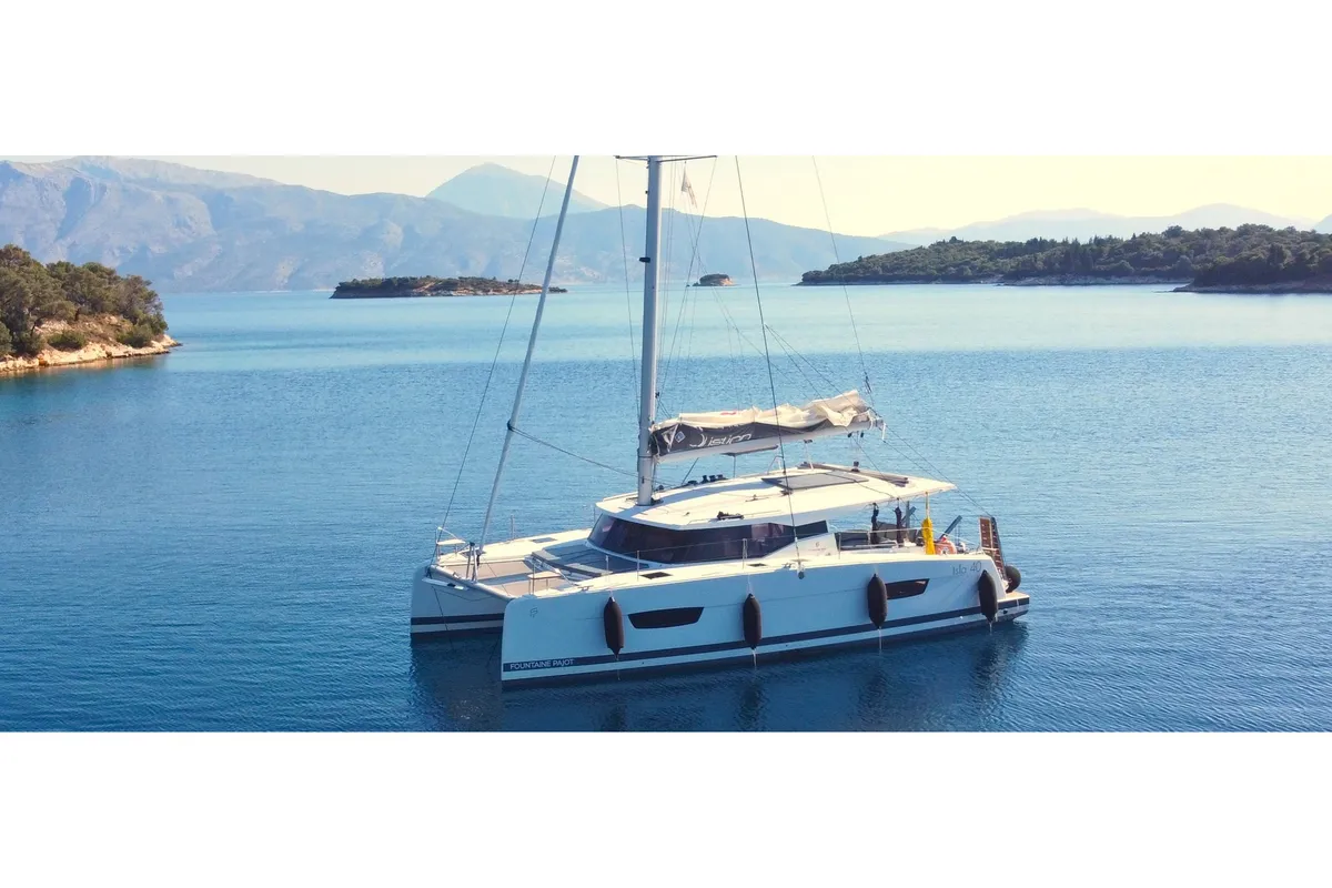 Exterior view of Aifos, a Fountaine Pajot Isla 40 catamaran at Lavreotiki, Greece