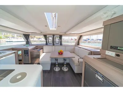 Salon of Aifos, a Fountaine Pajot Isla 40 catamaran at Lavreotiki, Greece