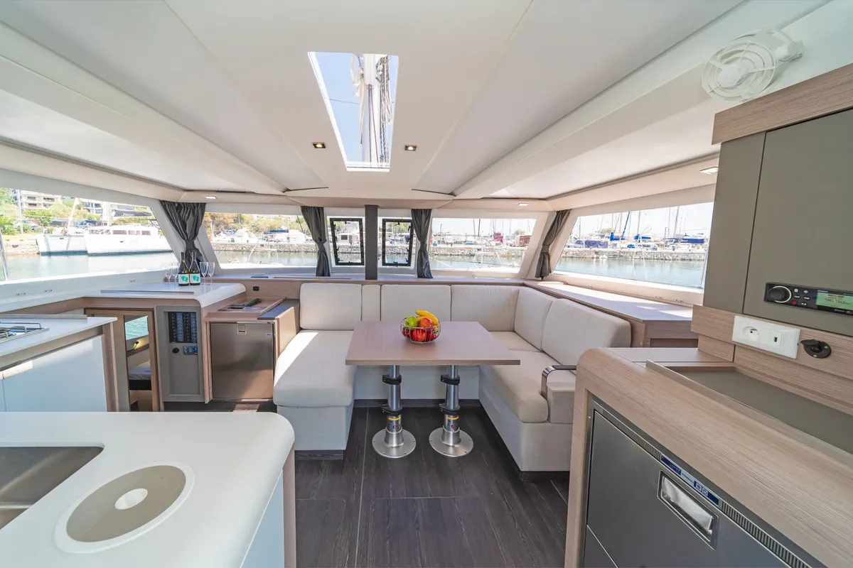 Salon of Aifos, a Fountaine Pajot Isla 40 catamaran at Lavreotiki, Greece