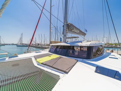 Deck of Aifos, a Fountaine Pajot Isla 40 catamaran at Lavreotiki, Greece