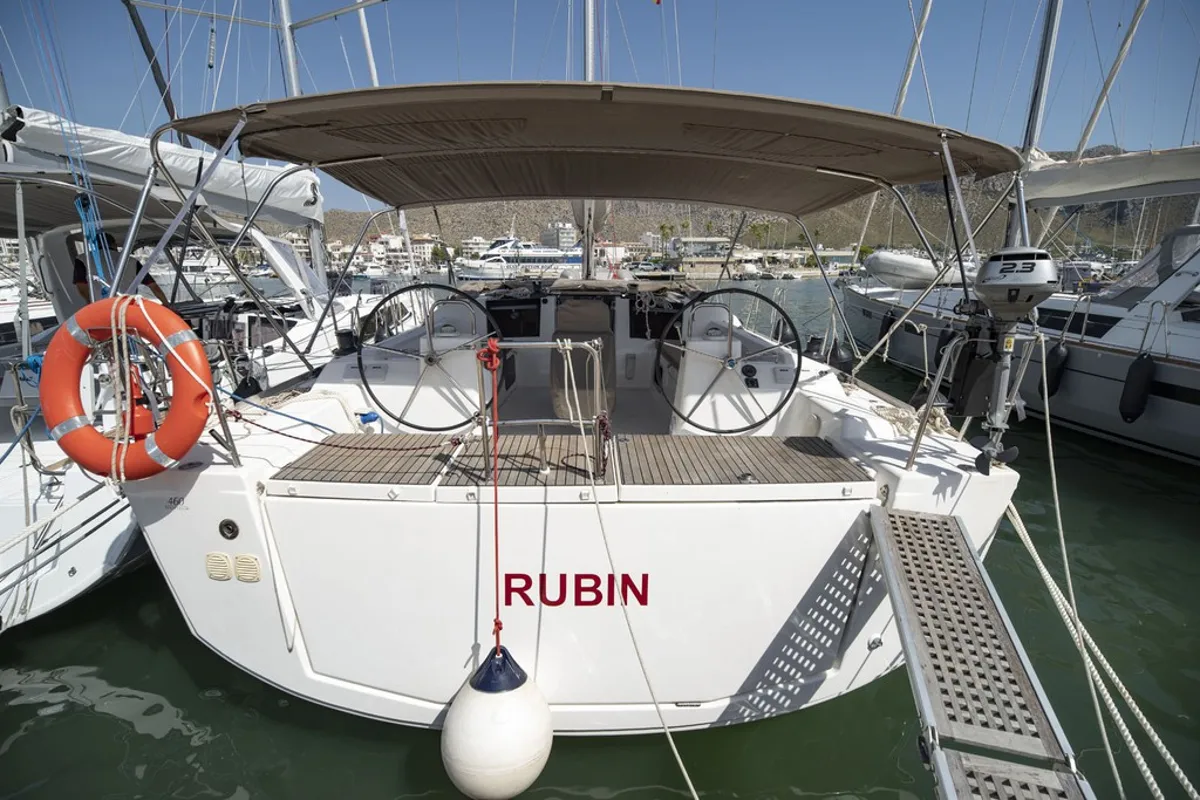 Exterior view of RUBIN, a Dufour 460 Grand Large sailboat at Port de Pollença, Spain