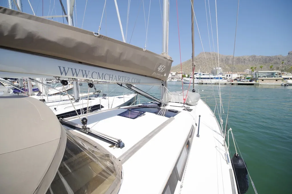 Exterior view of RUBIN, a Dufour 460 Grand Large sailboat at Port de Pollença, Spain