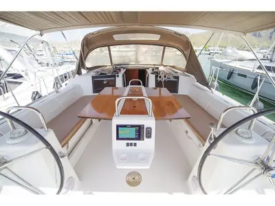 Cockpit of RUBIN, a Dufour 460 Grand Large sailboat at Port de Pollença, Spain