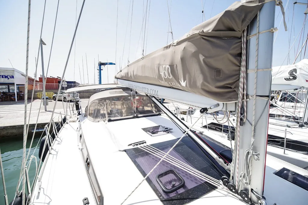 Exterior view of RUBIN, a Dufour 460 Grand Large sailboat at Port de Pollença, Spain