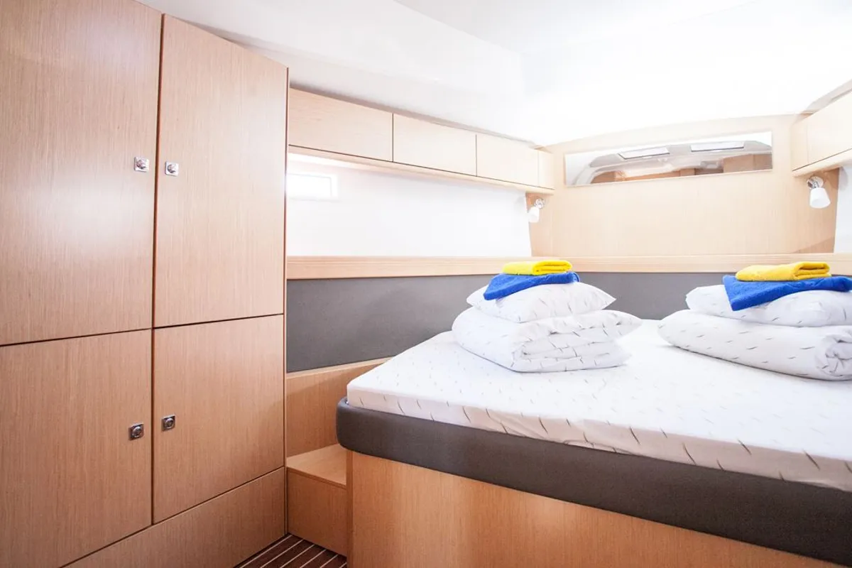 Cabin on 'njoy, a Bavaria Cruiser 46 sailboat at Dubrovnik, Croatia