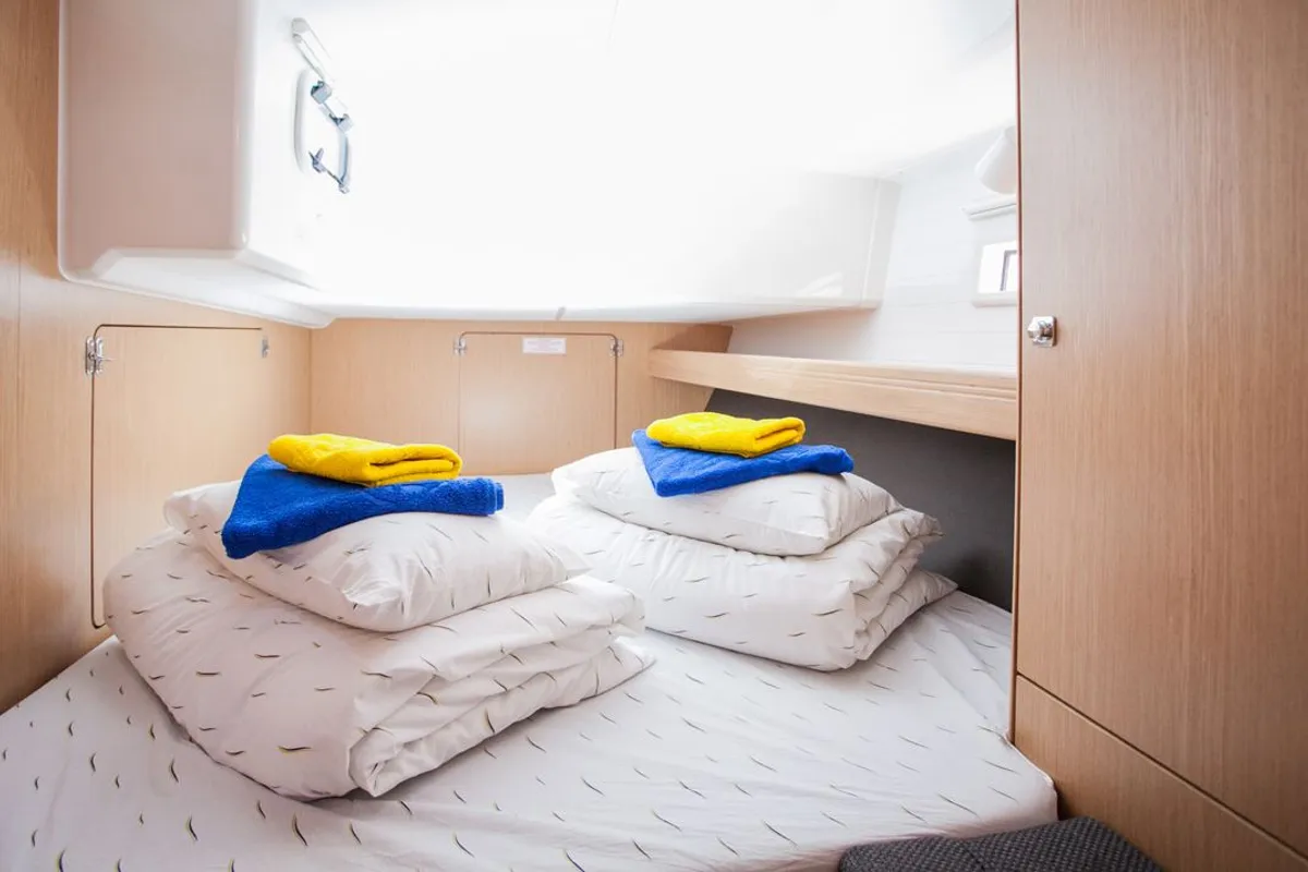 Cabin on 'njoy, a Bavaria Cruiser 46 sailboat at Dubrovnik, Croatia