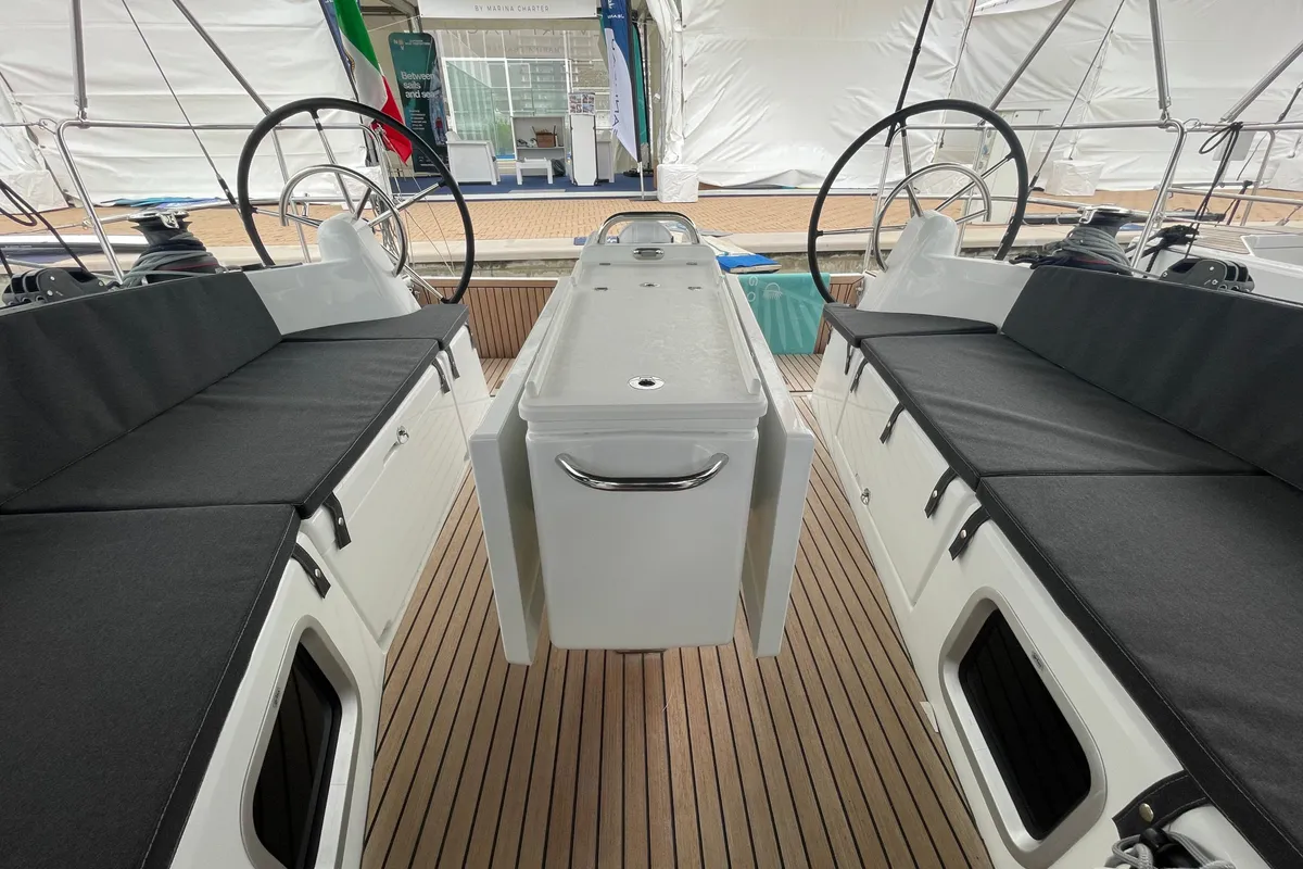 Cockpit of Colibrì, a Jeanneau Sun Odyssey 410 sailboat at Salerno, Italy