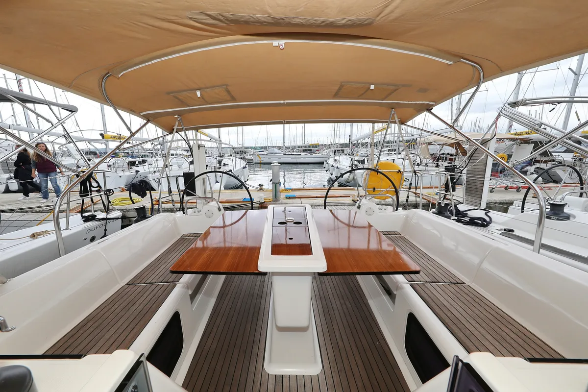 Deck of Black Pearl, a Dufour 412 GL sailboat at Grad Biograd na Moru, Croatia