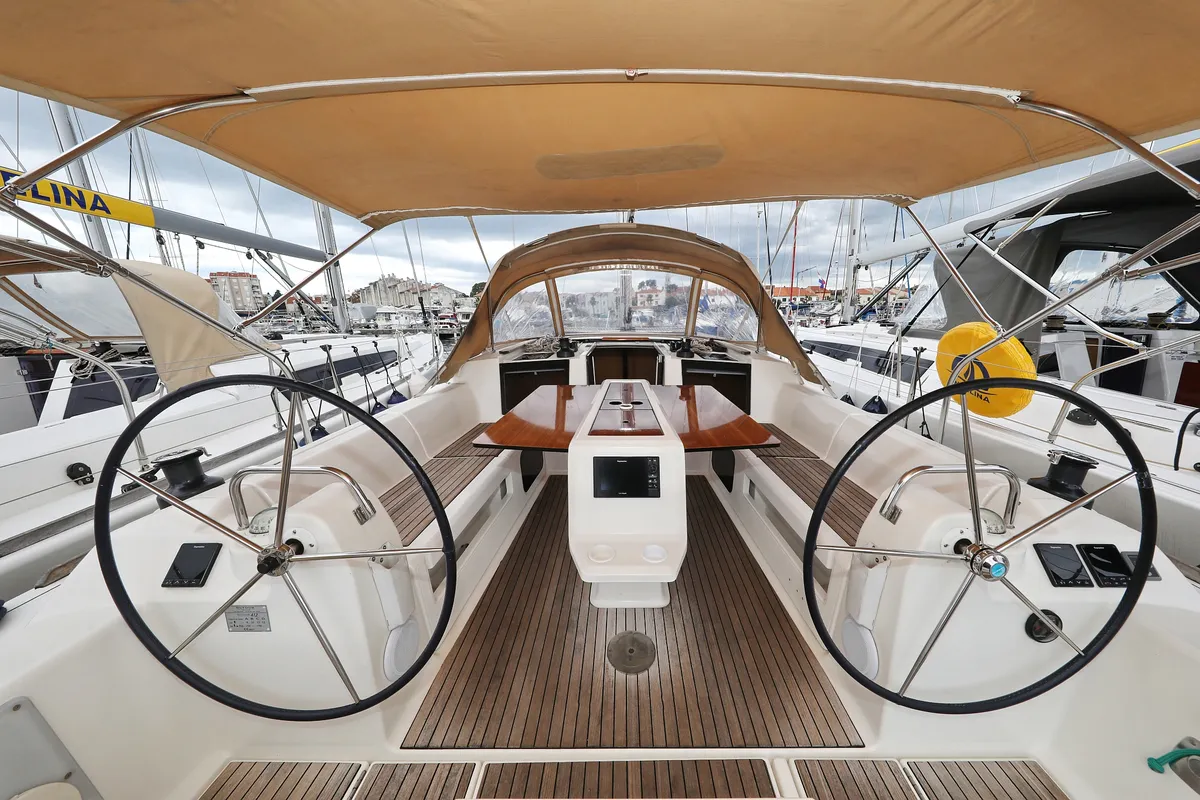 Cockpit of Black Pearl, a Dufour 412 GL sailboat at Grad Biograd na Moru, Croatia