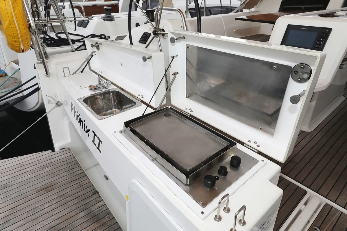 Deck of Black Pearl, a Dufour 412 GL sailboat at Grad Biograd na Moru, Croatia