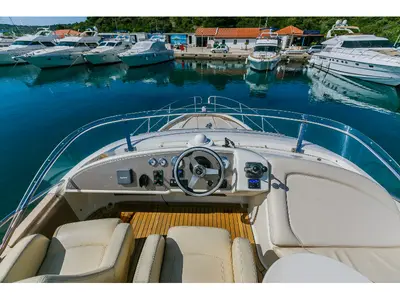 Cockpit of Dodo, a Prestige 36 Fly motorboat at Primošten, Croatia