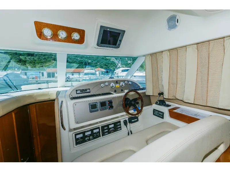 Cockpit of Dodo, a Prestige 36 Fly motorboat at Primošten, Croatia