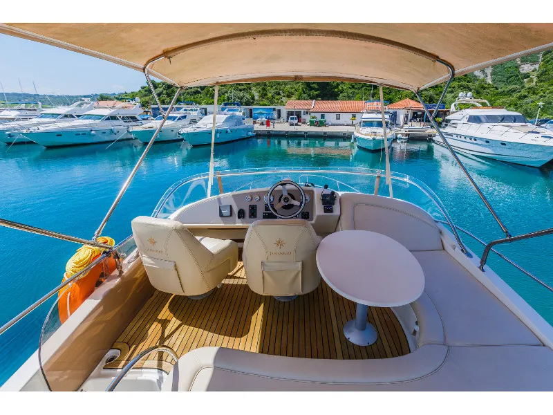 Deck of Dodo, a Prestige 36 Fly motorboat at Primošten, Croatia