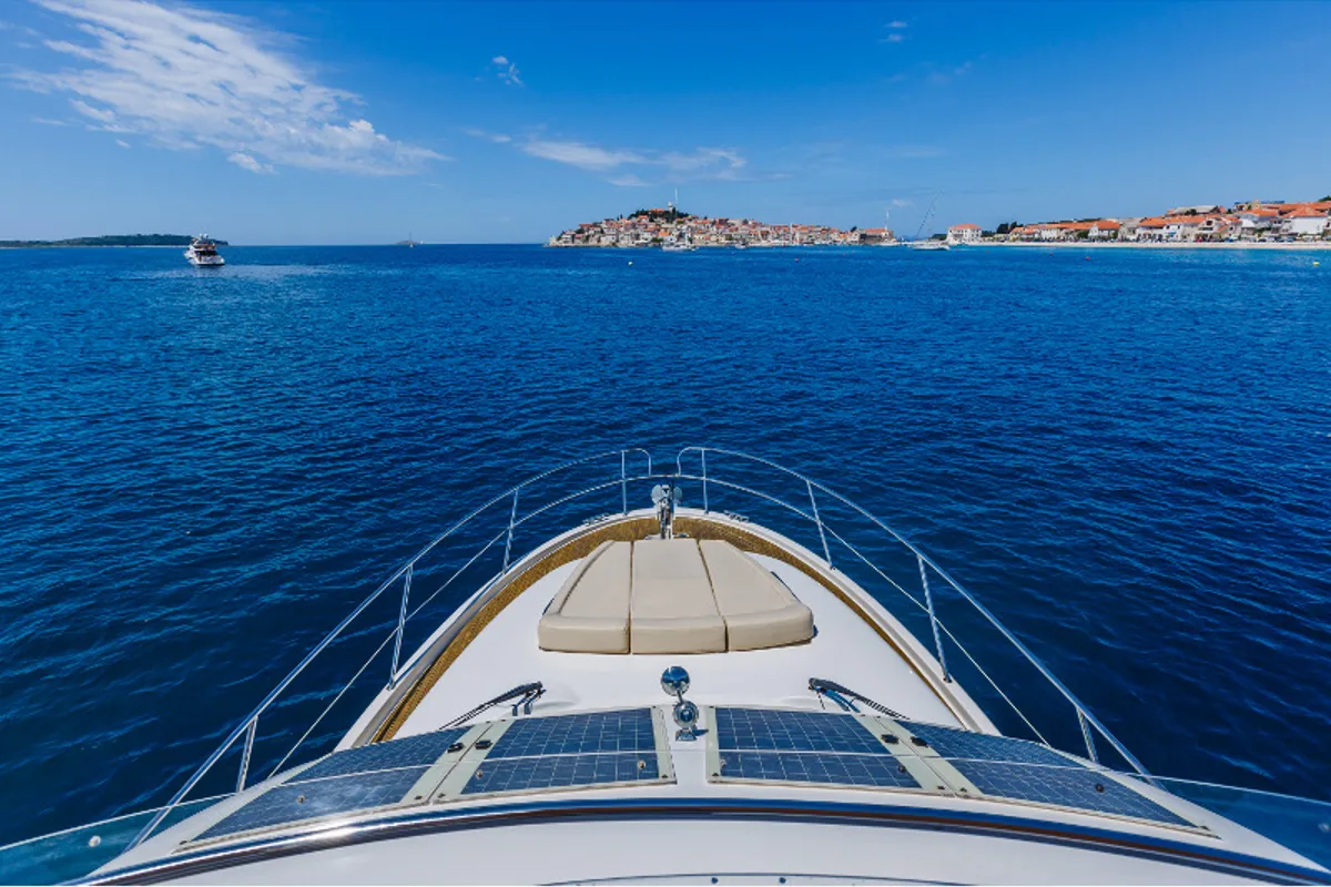 Deck of Dodo, a Prestige 36 Fly motorboat at Primošten, Croatia