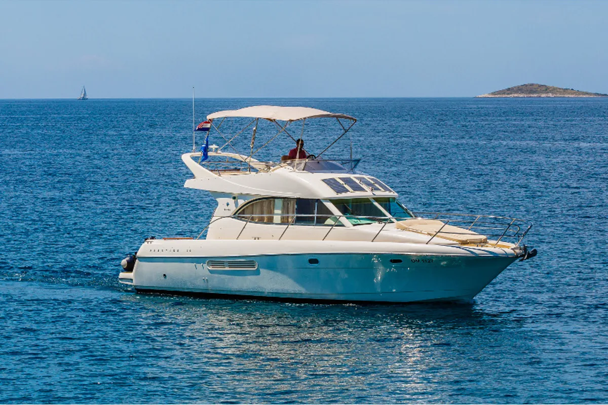 Exterior view of Dodo, a Prestige 36 Fly motorboat at Primošten, Croatia