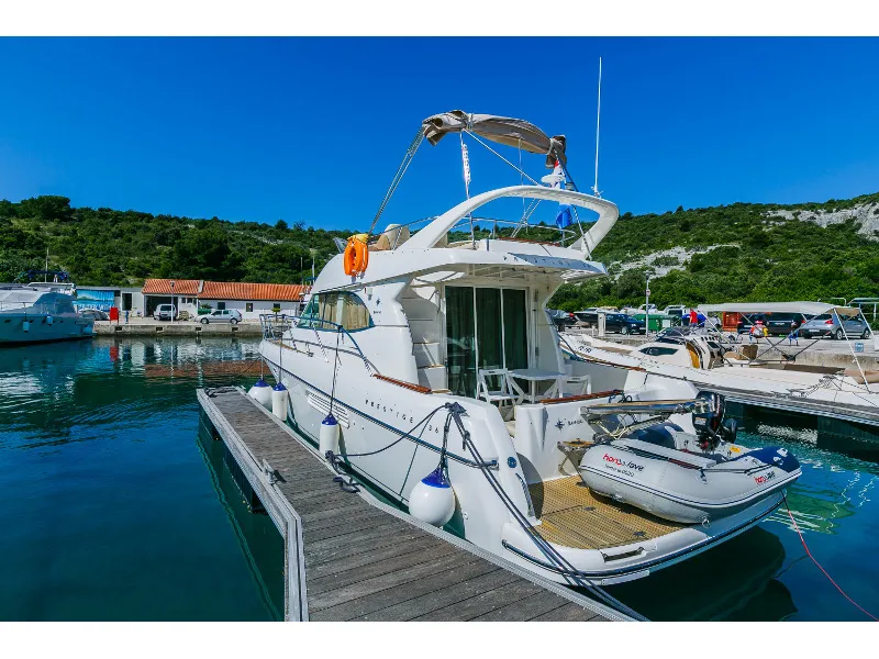Exterior view of Dodo, a Prestige 36 Fly motorboat at Primošten, Croatia