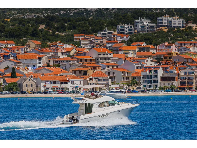 Exterior view of Dodo, a Prestige 36 Fly motorboat at Primošten, Croatia