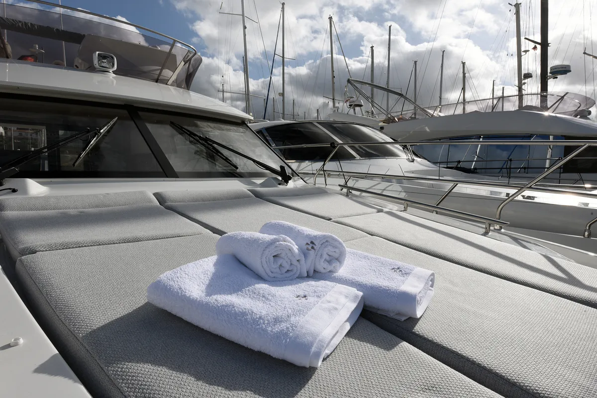Deck of My Love II, a Prestige 42 Fly motorboat at Llucmajor, Spain