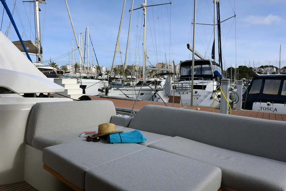 Deck of My Love II, a Prestige 42 Fly motorboat at Llucmajor, Spain