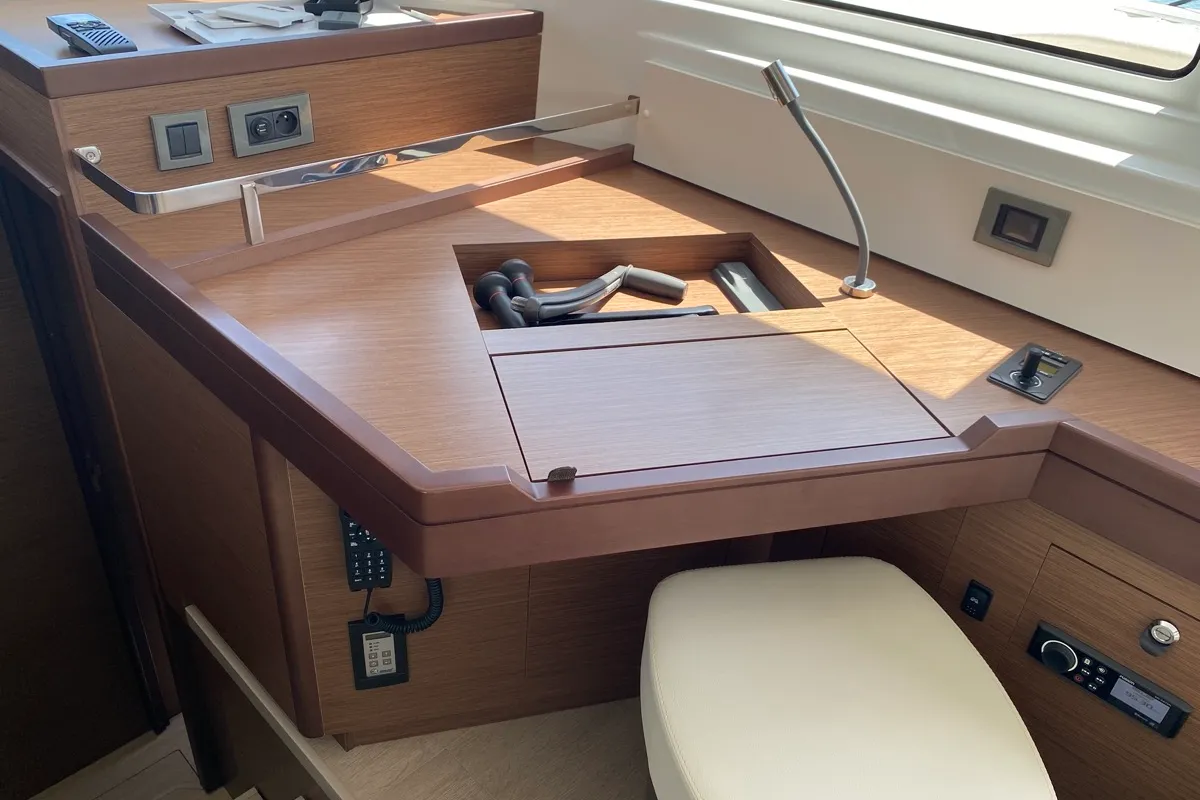 Cockpit of Rolling Stones, a Lagoon 46 catamaran at Salerno, Italy