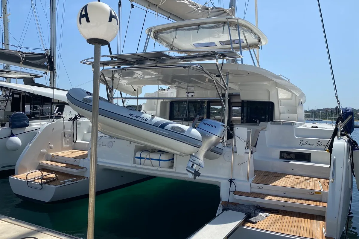 Exterior view of Rolling Stones, a Lagoon 46 catamaran at Salerno, Italy