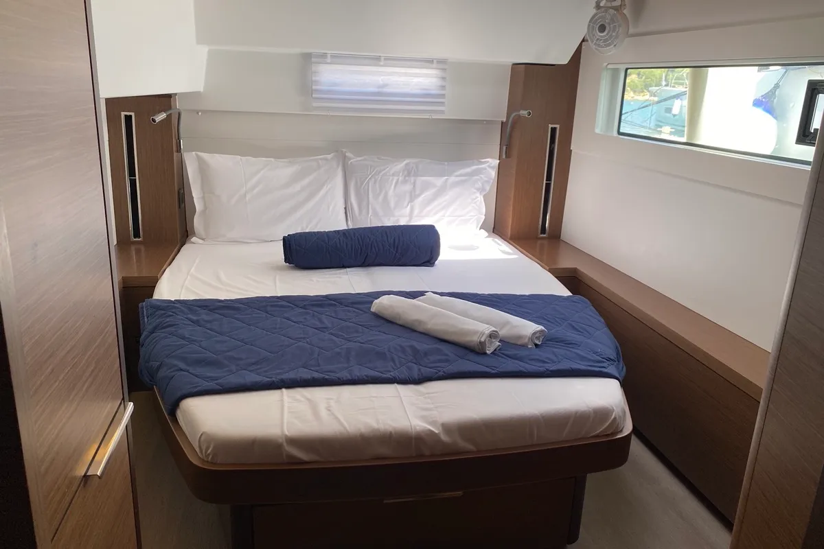 Cabin on Rolling Stones, a Lagoon 46 catamaran at Salerno, Italy