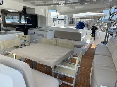 Deck of Rolling Stones, a Lagoon 46 catamaran at Salerno, Italy