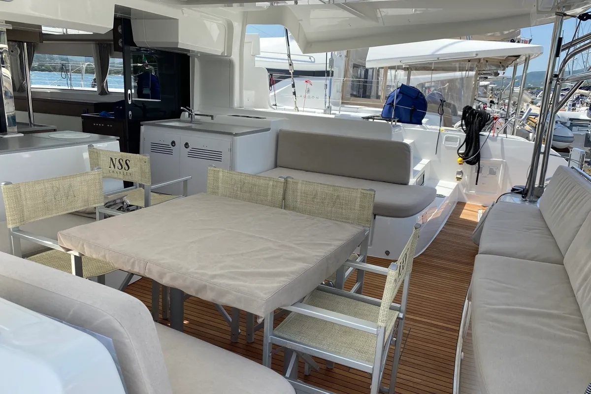 Deck of Rolling Stones, a Lagoon 46 catamaran at Salerno, Italy