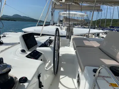 Cockpit of Rolling Stones, a Lagoon 46 catamaran at Salerno, Italy