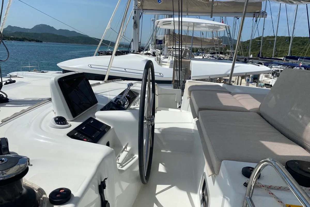Cockpit of Rolling Stones, a Lagoon 46 catamaran at Salerno, Italy