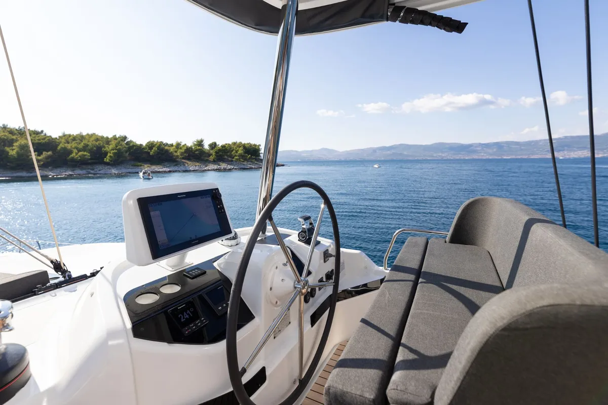 Cockpit of ARTISAN, a Lagoon 55 catamaran at Split, Croatia