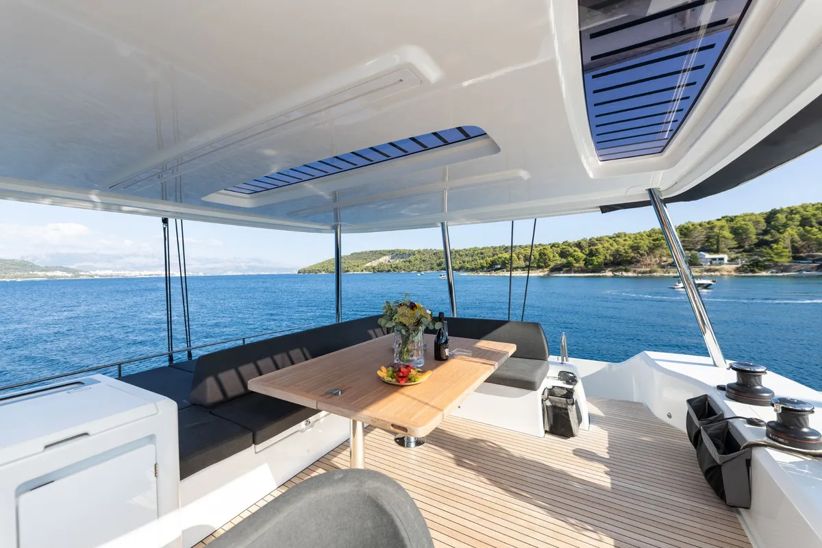 Deck of ARTISAN, a Lagoon 55 catamaran at Split, Croatia