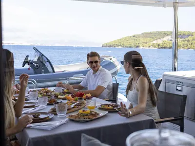Deck of ARTISAN, a Lagoon 55 catamaran at Split, Croatia