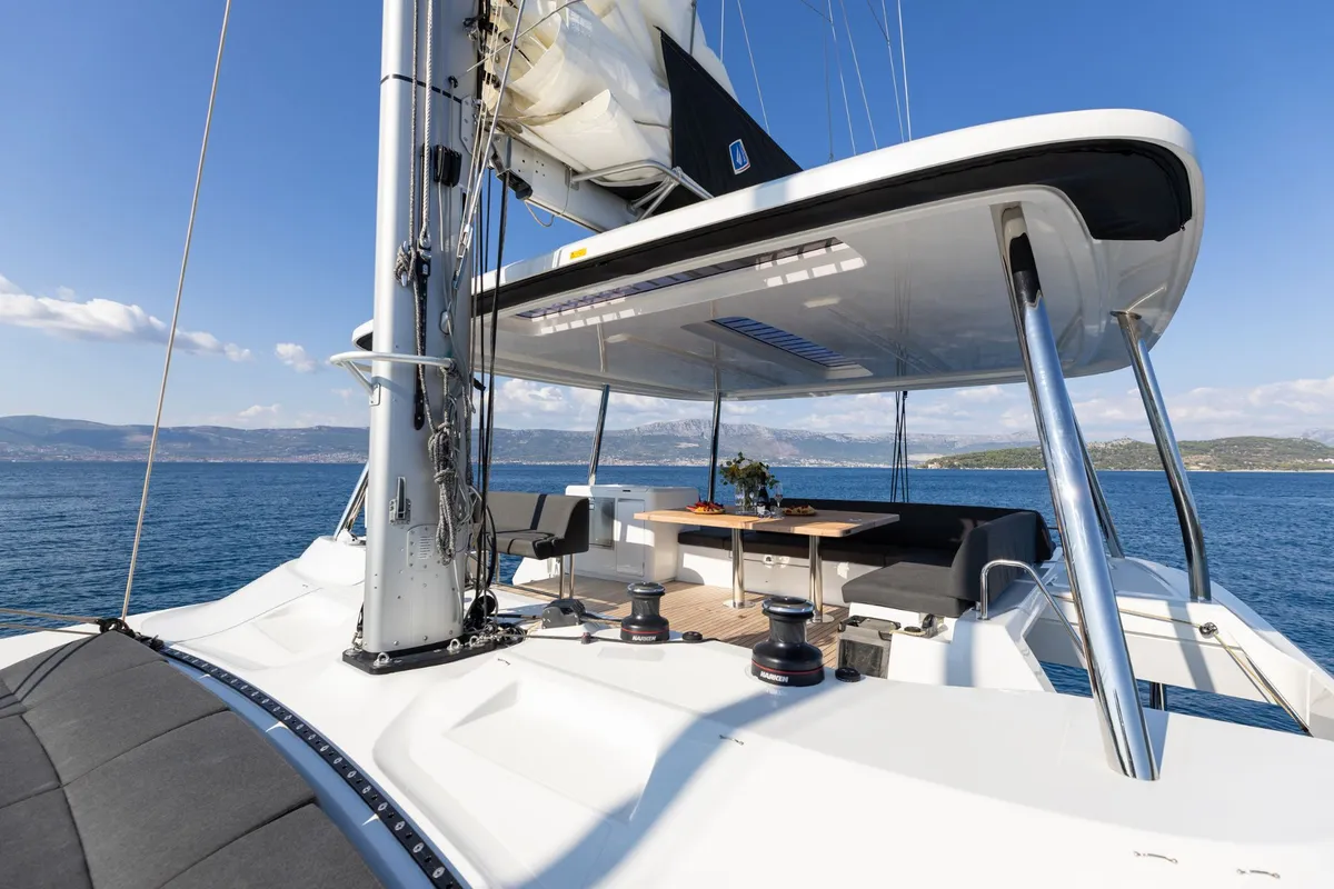 Deck of ARTISAN, a Lagoon 55 catamaran at Split, Croatia