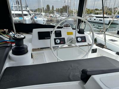 Cockpit of Infinity, a Bali 4.2 catamaran at Athens, Greece